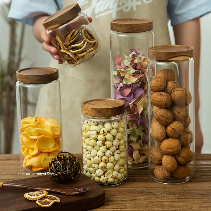 Food Storage Jar Glass - Drewniana pokrywka Szklany hermetyczny kanister Butelki