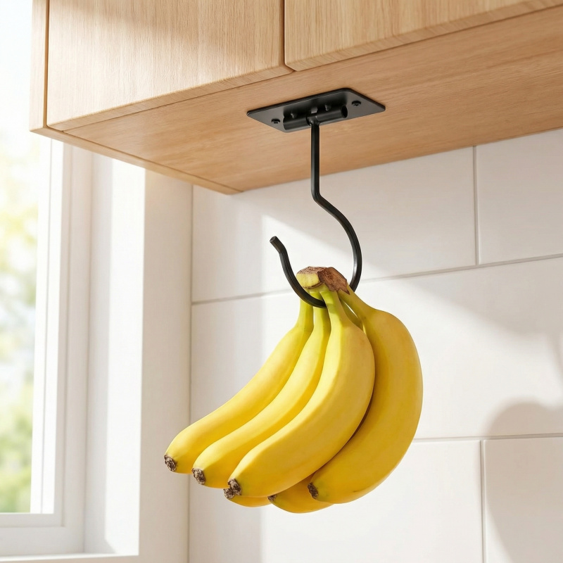 Food Storage And Organizer - Czarny metalowy samoprzylepny haczyk bananowy, składany